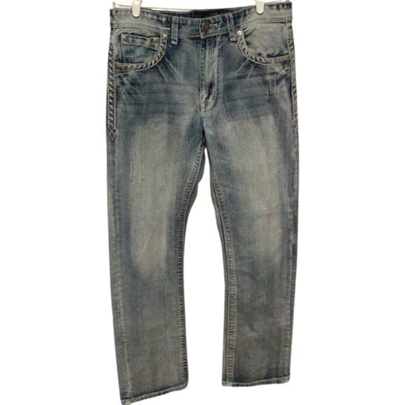 GS115 Men's Acid Wash Embroidered Chelsea Slim Fit Jeans Size 32x32 Stylish - Picture 1 of 6